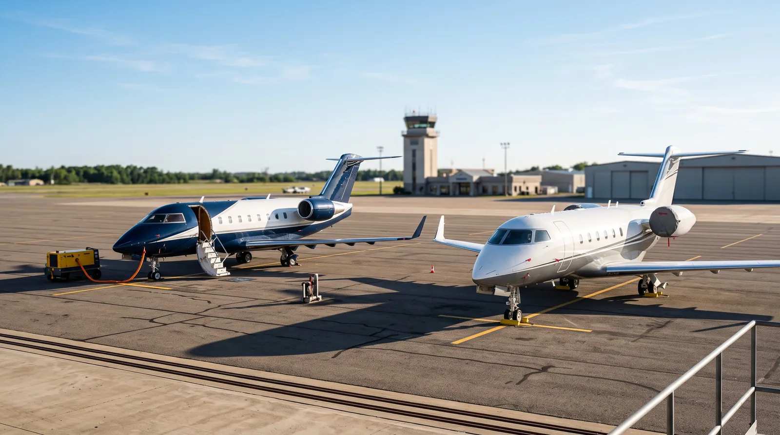 Two business jets parked side by side on a sunny apron with a control tower behind