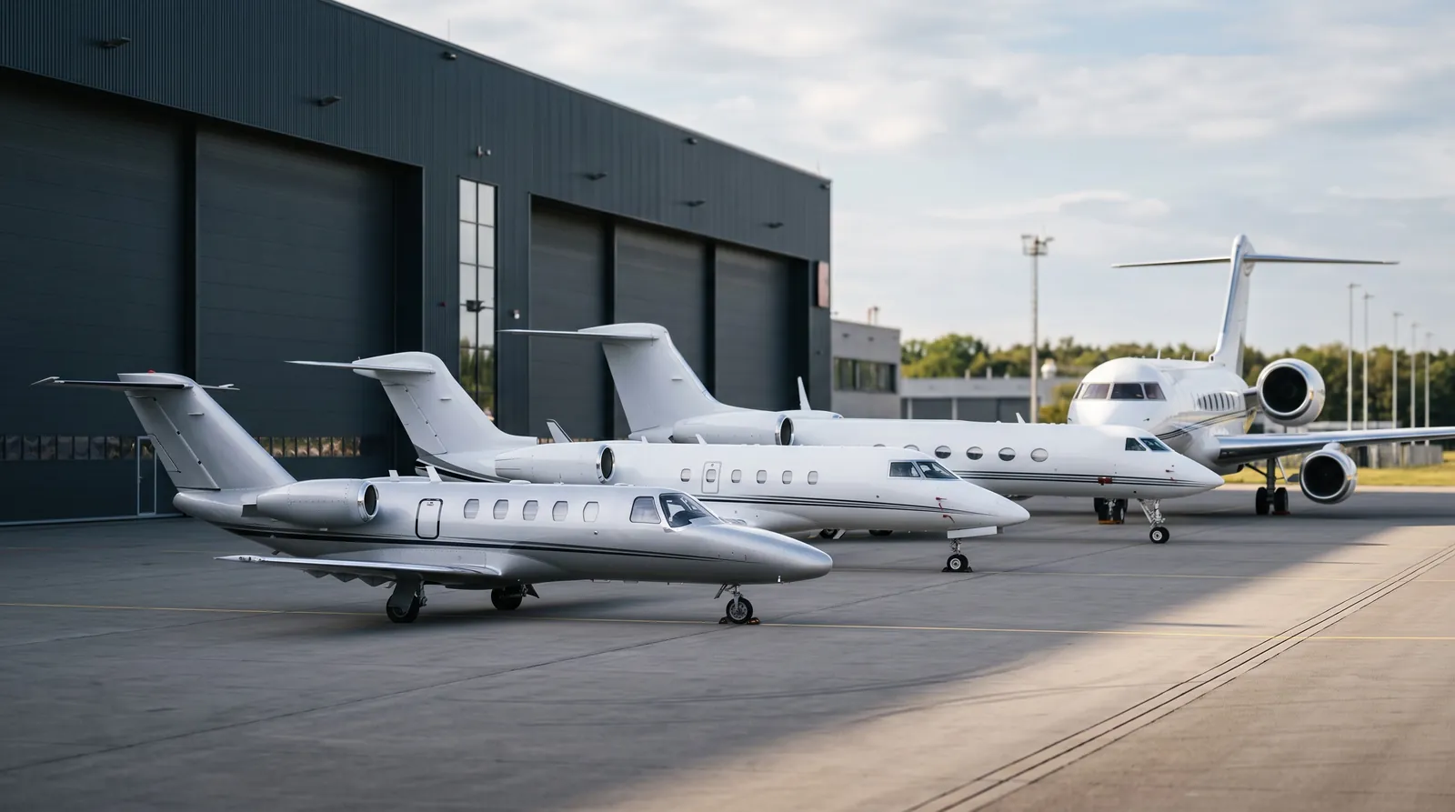 Business jets of increasing size parked in a row on an airport apron in morning light.