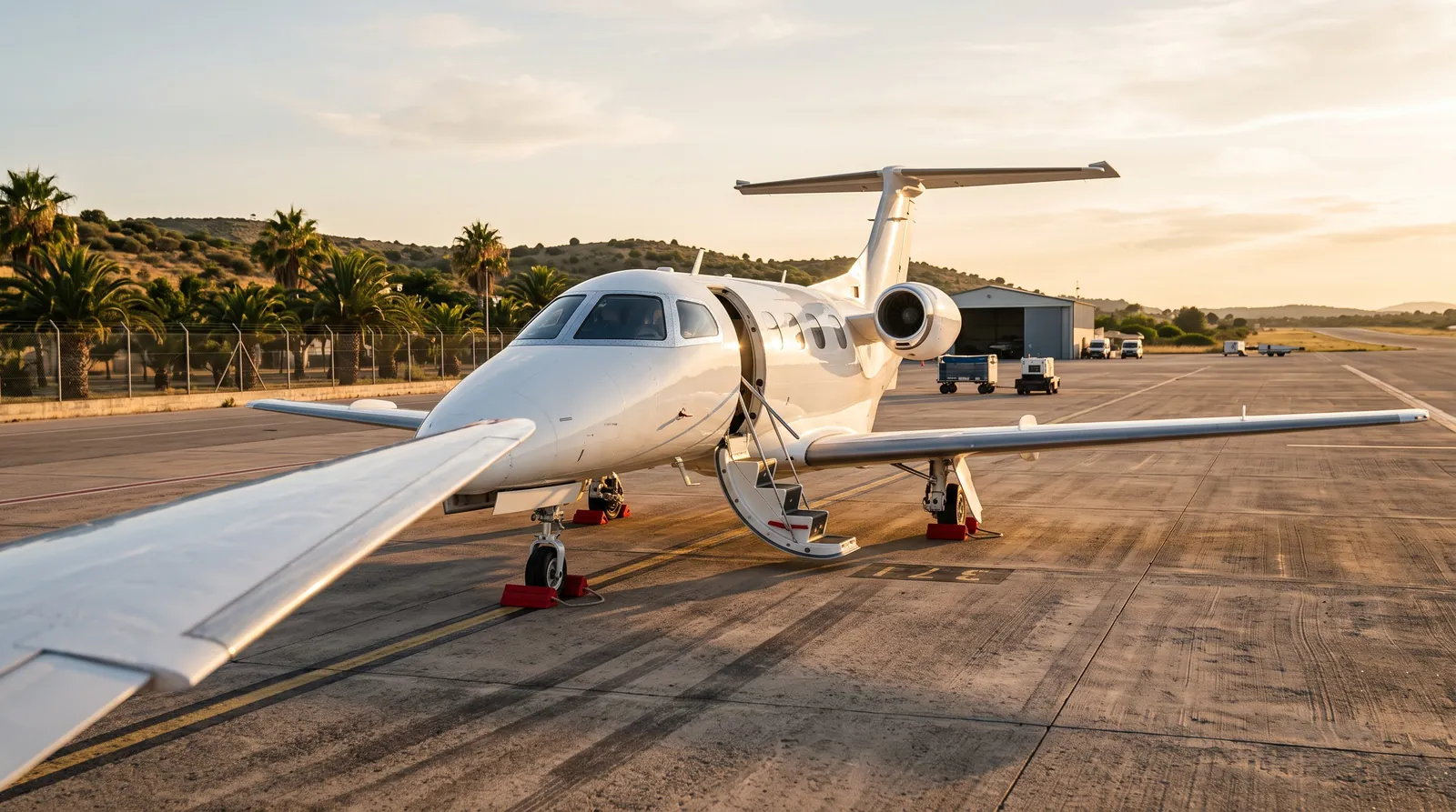A light business jet with its airstair lowered on a Mediterranean airport ramp at dusk.
