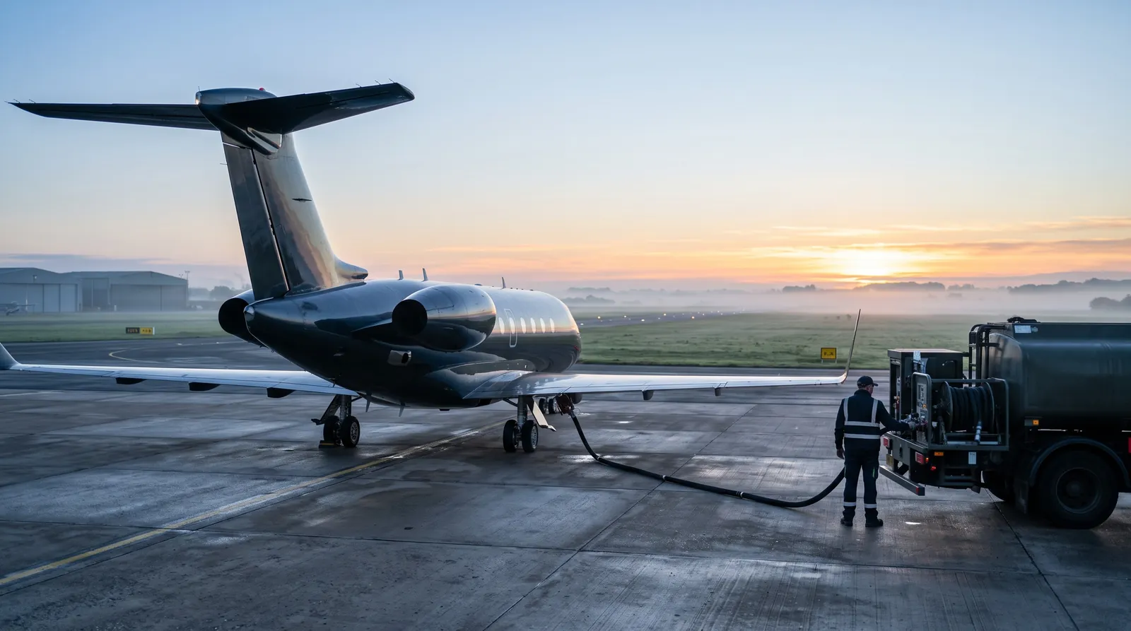 A business jet being refuelled from a fuel truck on a misty apron at dawn.