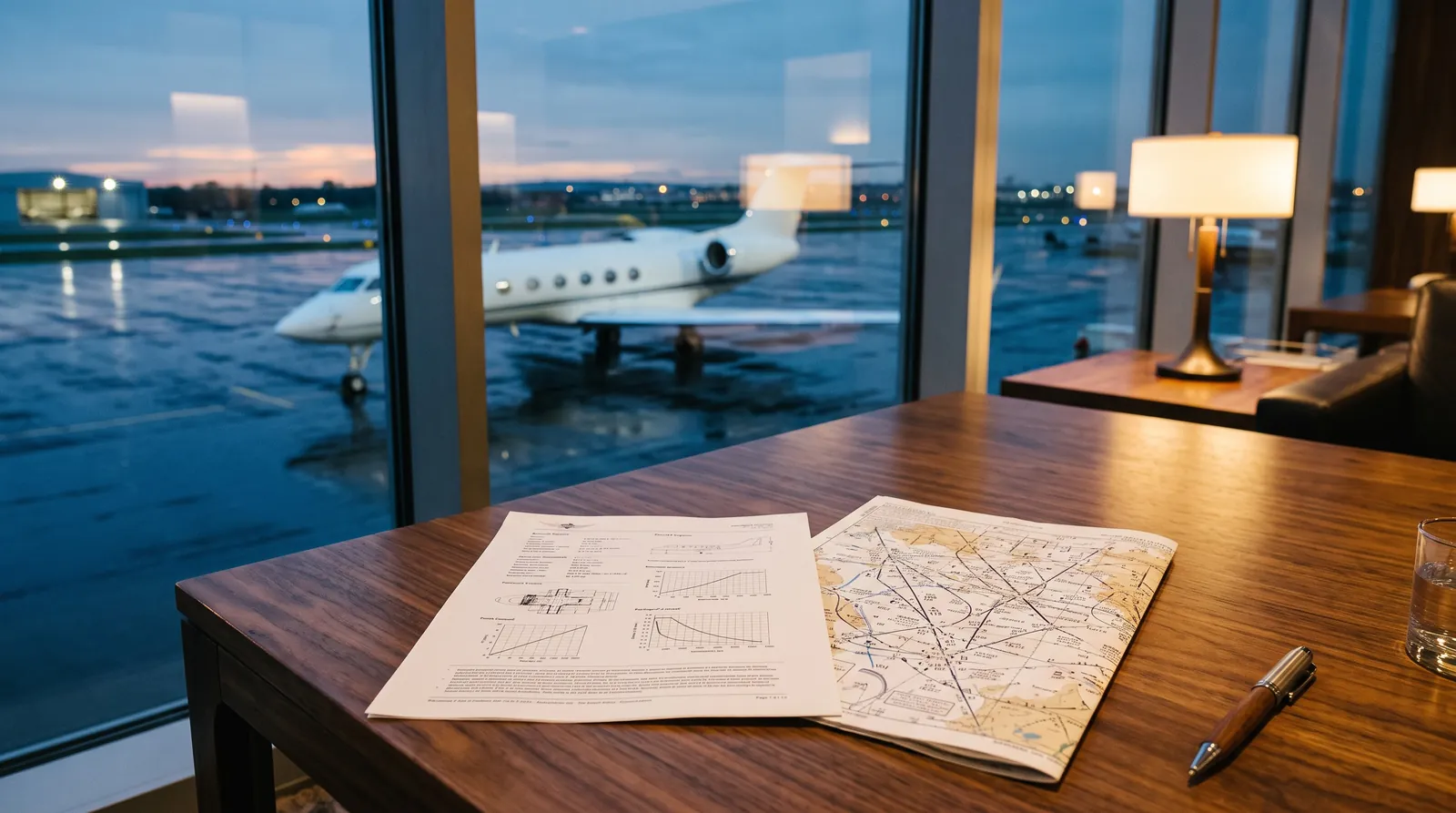 Specification sheet and chart on a lounge table, with a business jet parked outside at dusk.