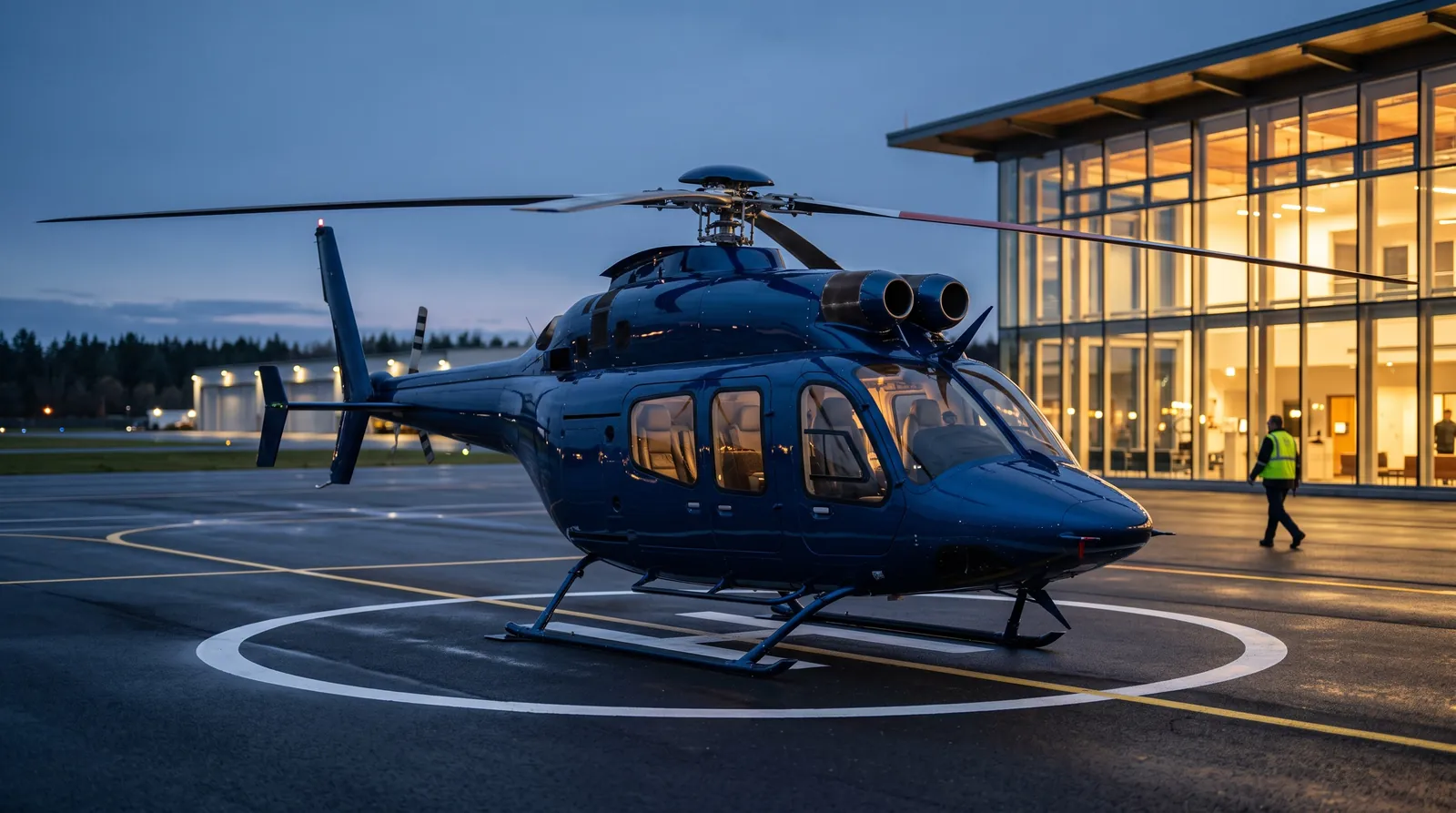Engine cowlings and twin exhausts on top of a helicopter at dusk on an apron