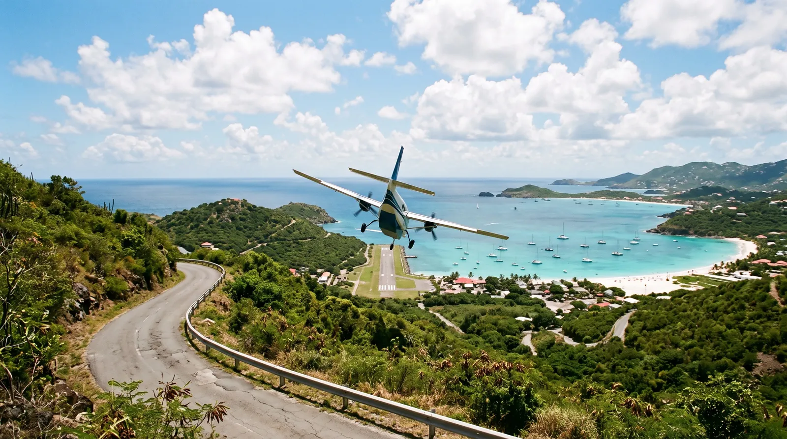 Small turboprop descending over a hill towards a short runway ending at a beach