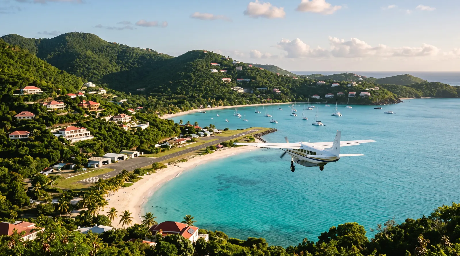 Turboprop approaching a short island runway beside a beach, with green hills and anchored yachts