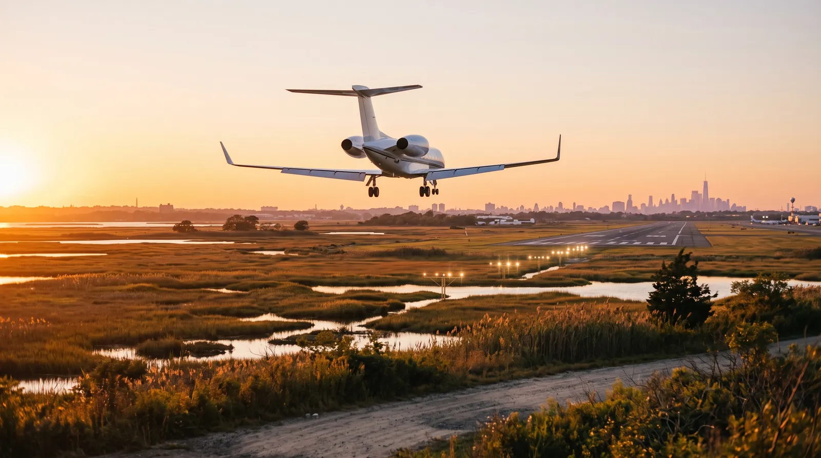 Business jet on approach over New Jersey wetlands with the Manhattan skyline beyond