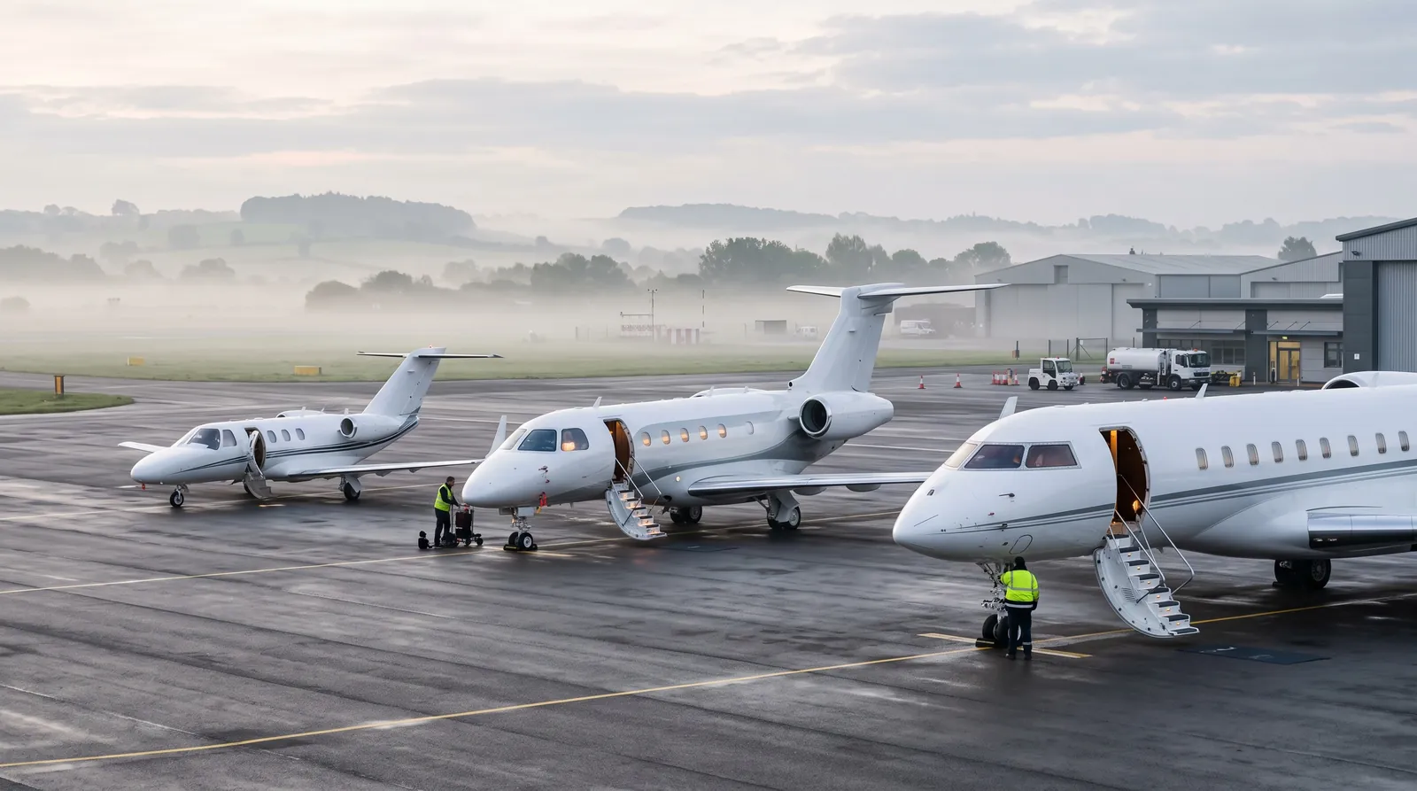 Three business jets of different sizes parked side by side on an apron