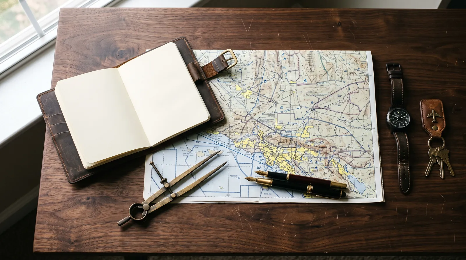 An aviation chart, dividers and a notebook on a walnut desk