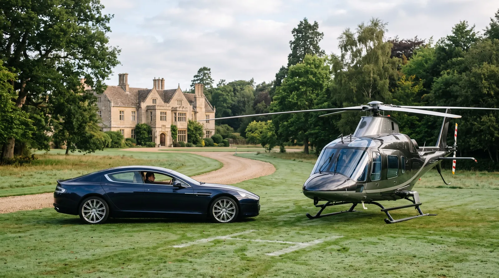 A car waiting beside a parked helicopter on a grass helipad