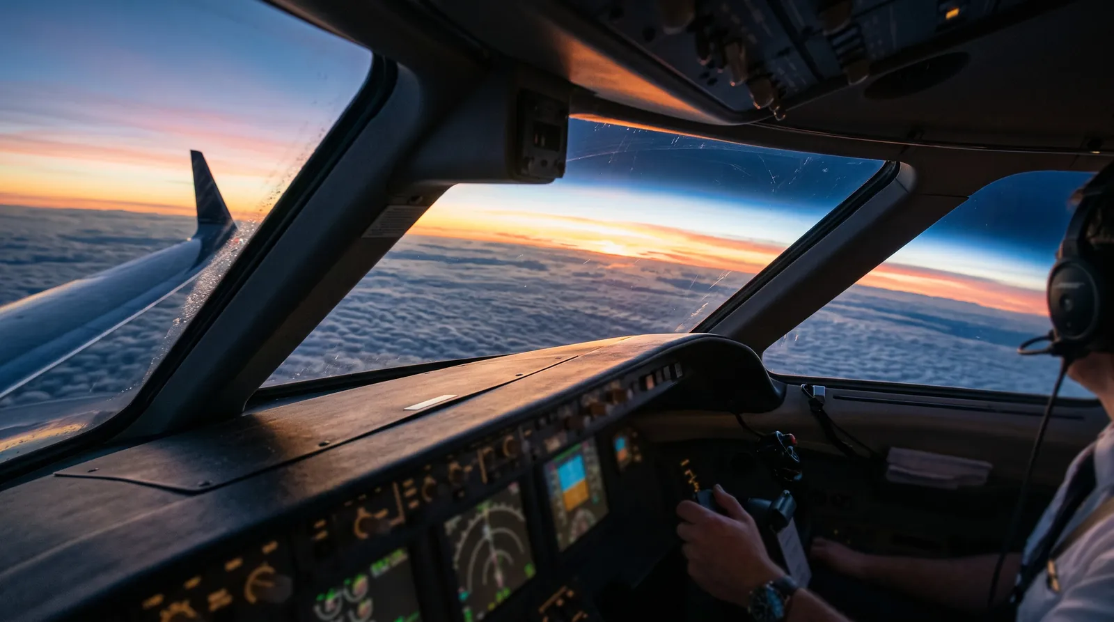View from a jet cockpit over a sea of clouds at sunrise