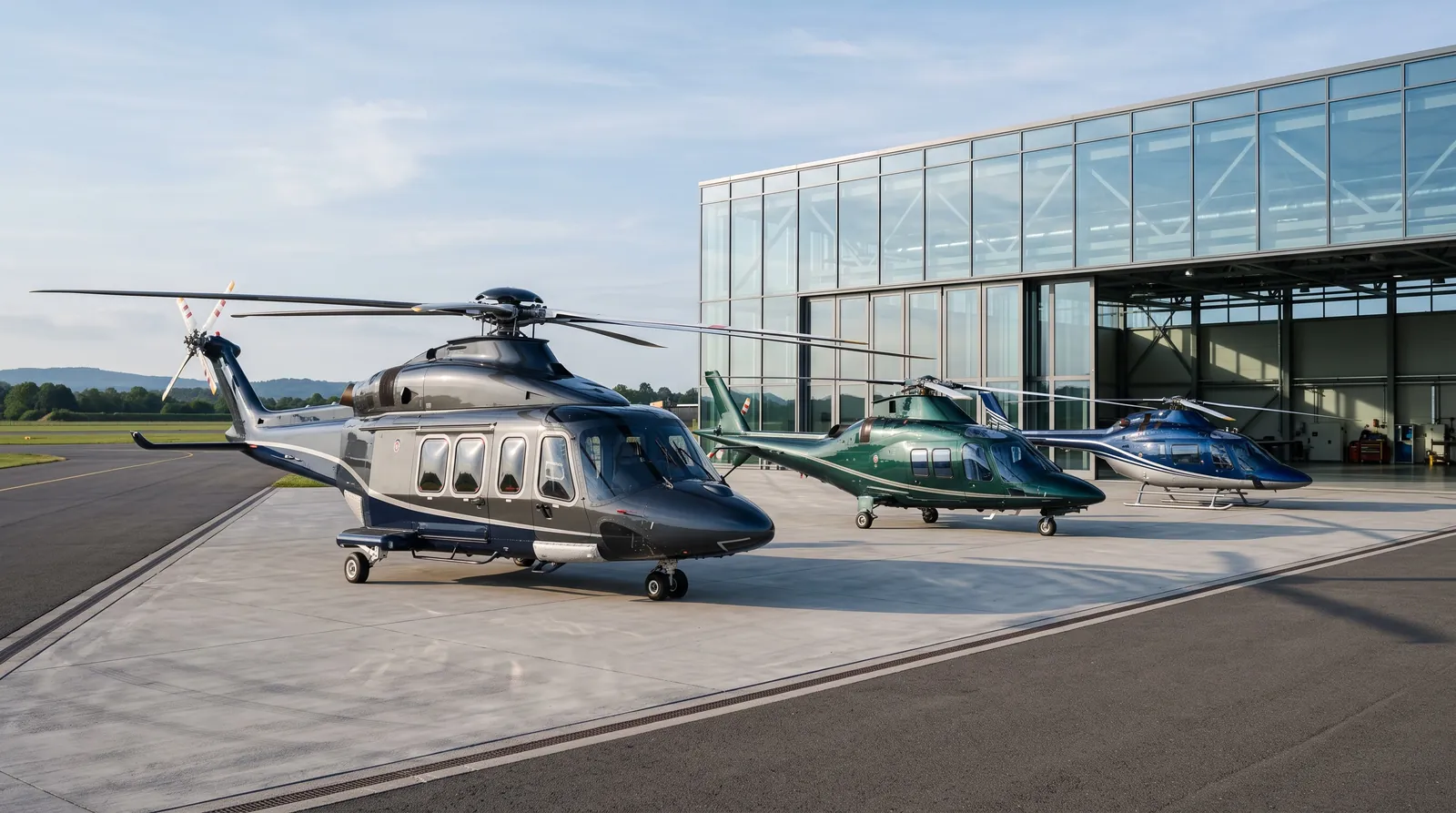 Three executive helicopters of different sizes on an apron in front of a glass hangar