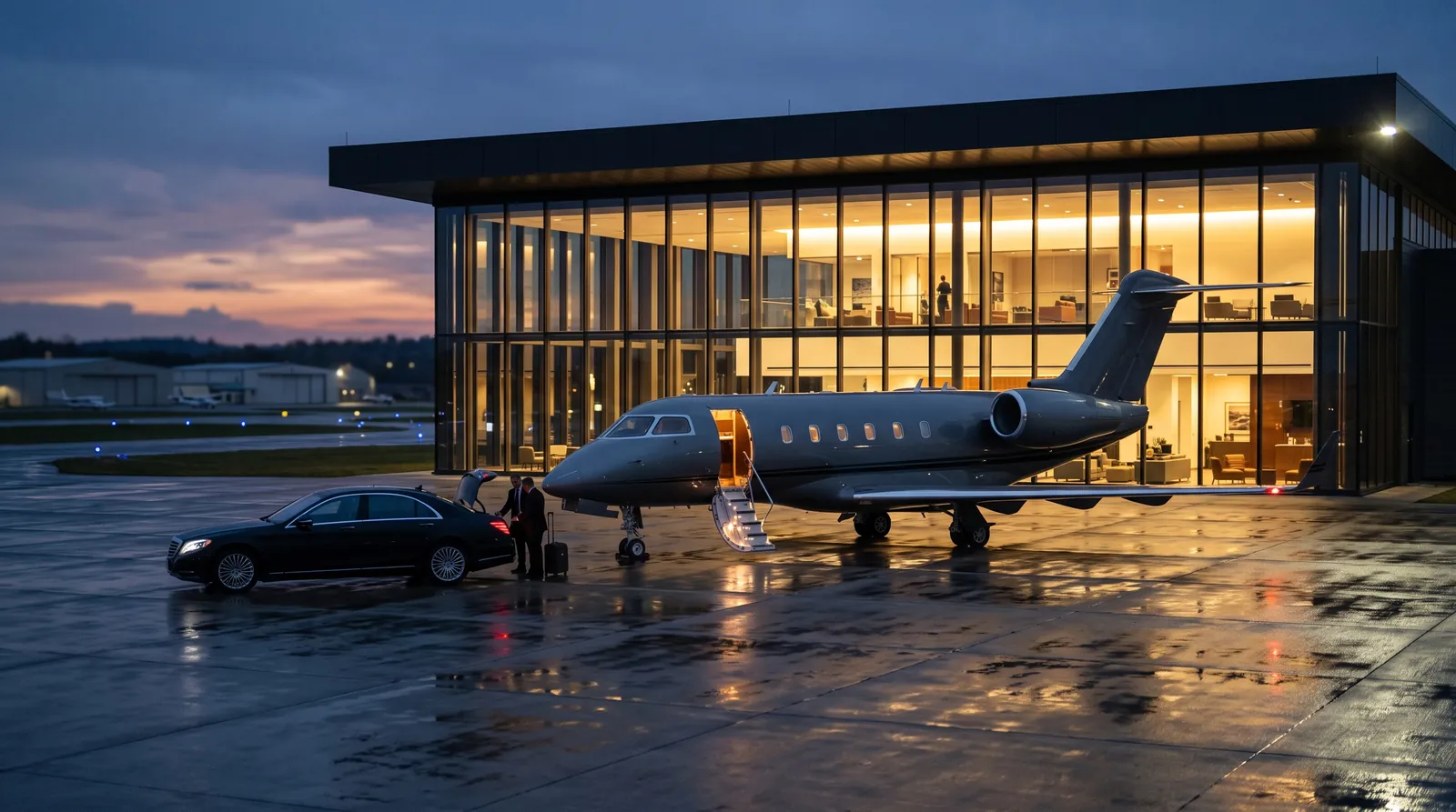 Private aviation terminal at dusk with a business jet and a car waiting on the apron